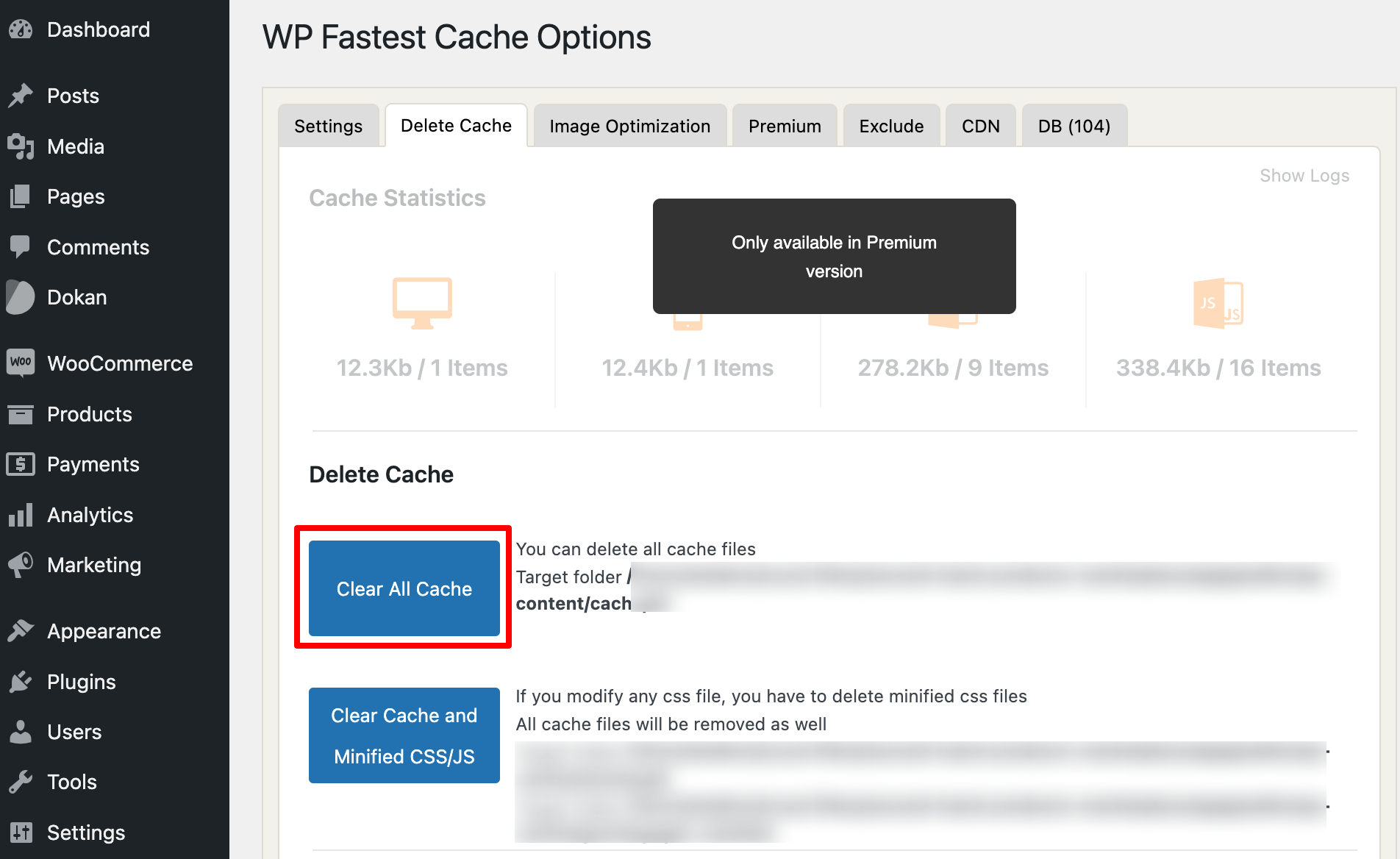 This image shows how to delete all cache manually using WP Fastest Cache plugin