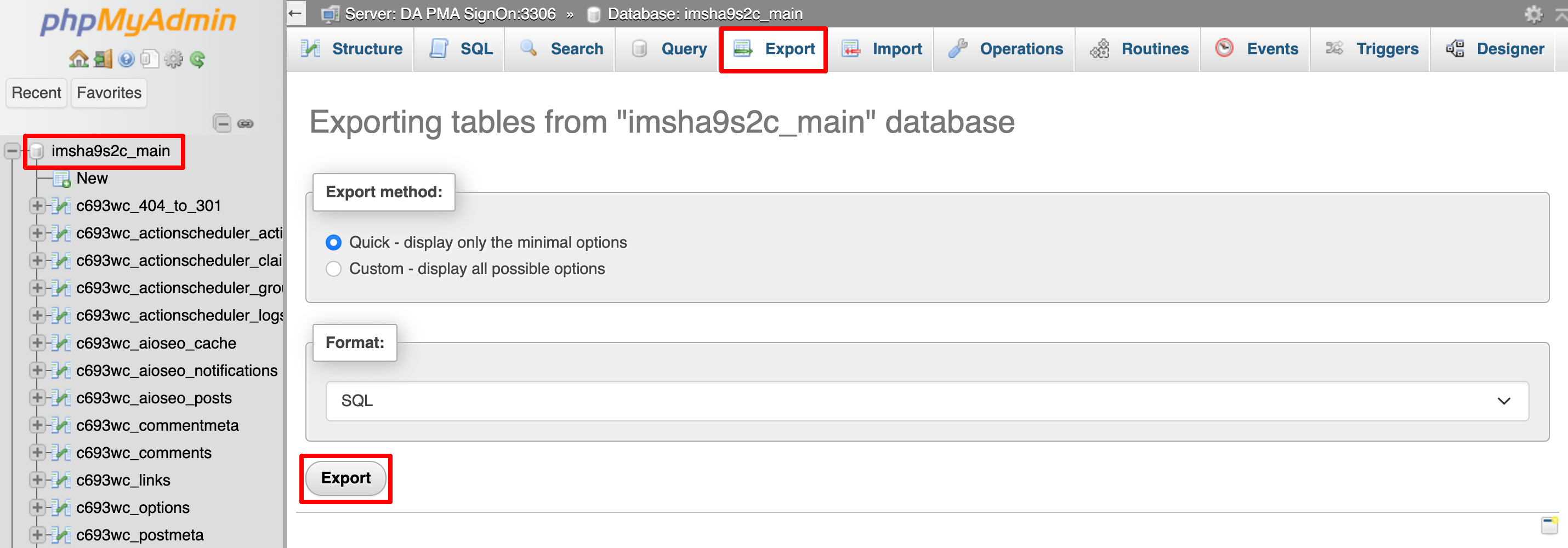 This image shows how to export database from phpmyadmin