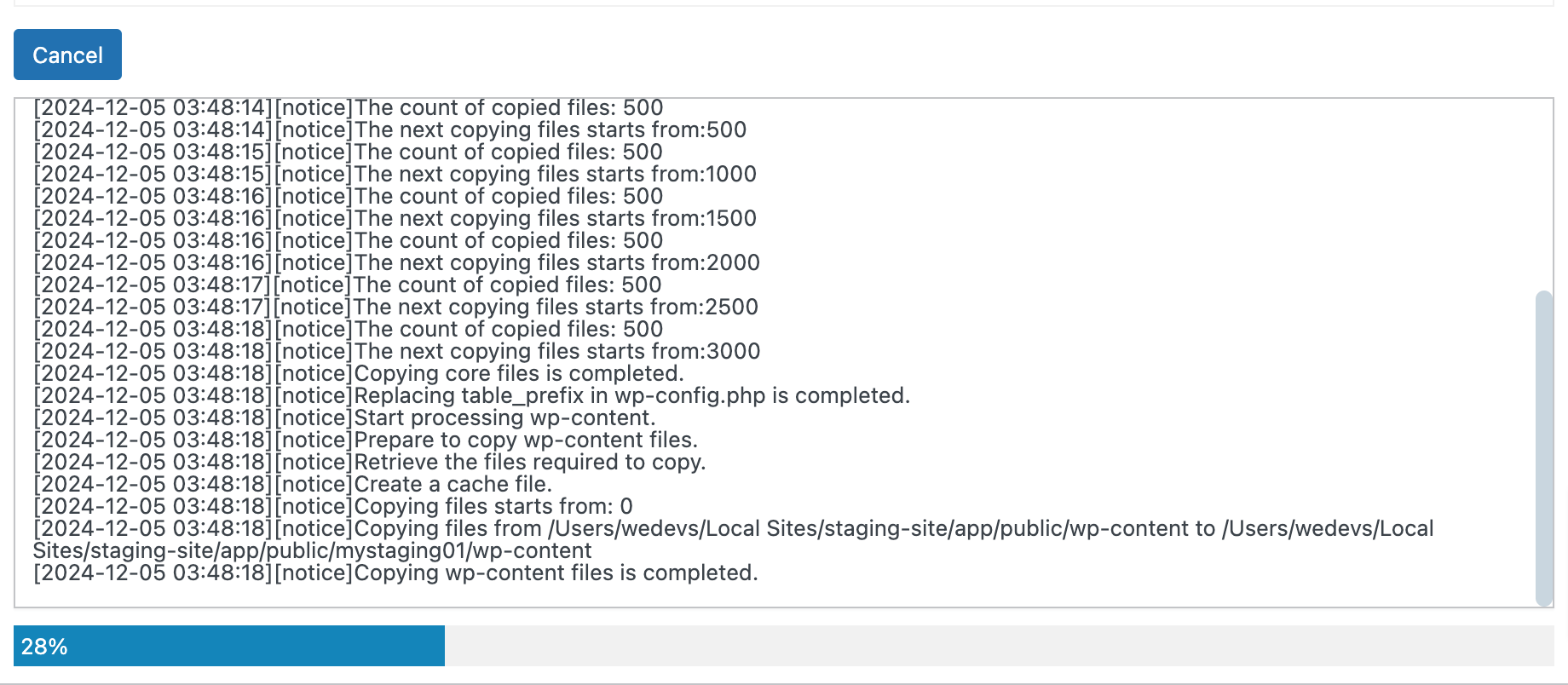 This image is showing the progress of creating staging site