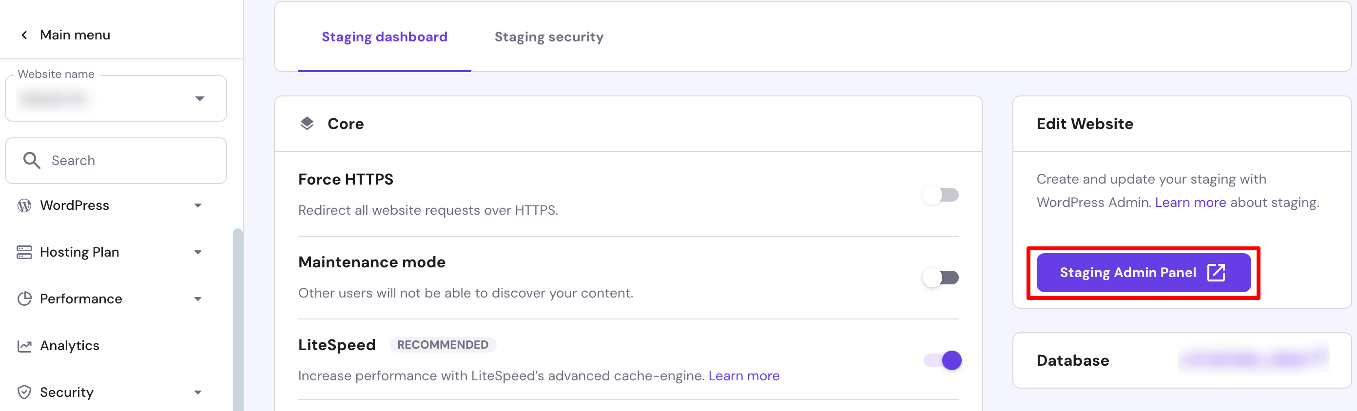 Button to access the staging site dashboard 