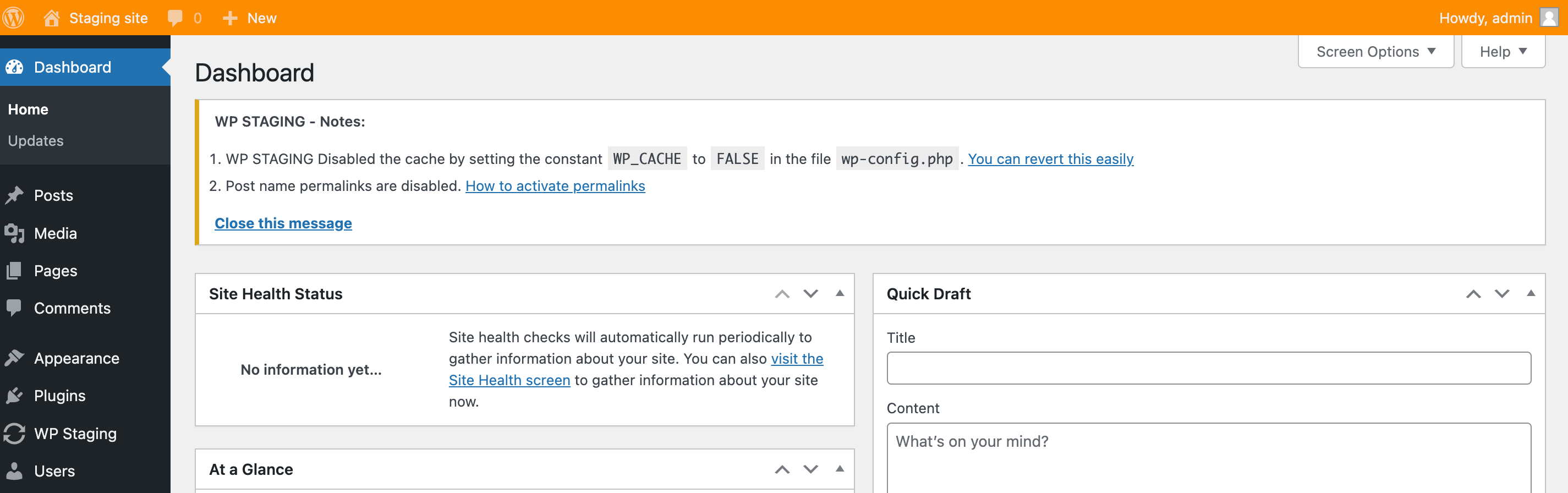 WP staging site with orange admin bar