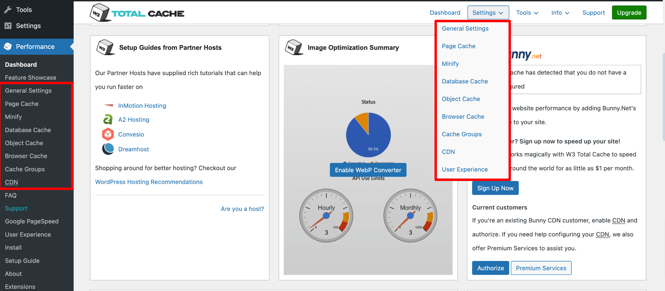 This image shows the cache settings of the w3 total cache plugin