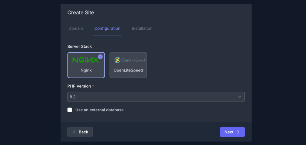 Options to configure your staging site