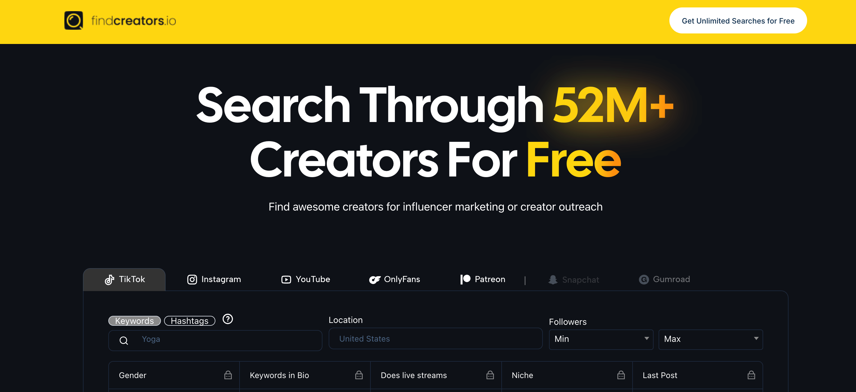 It's a findcreator website homepage screenshot