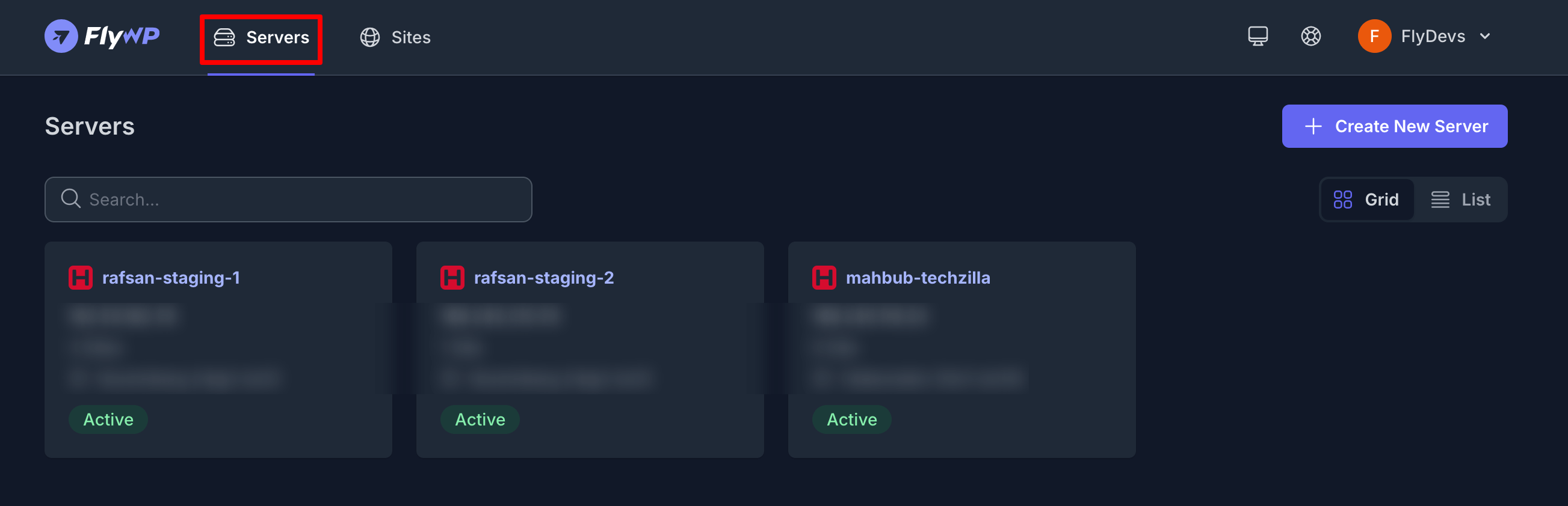This image shows the list of the server in the FlyWP account