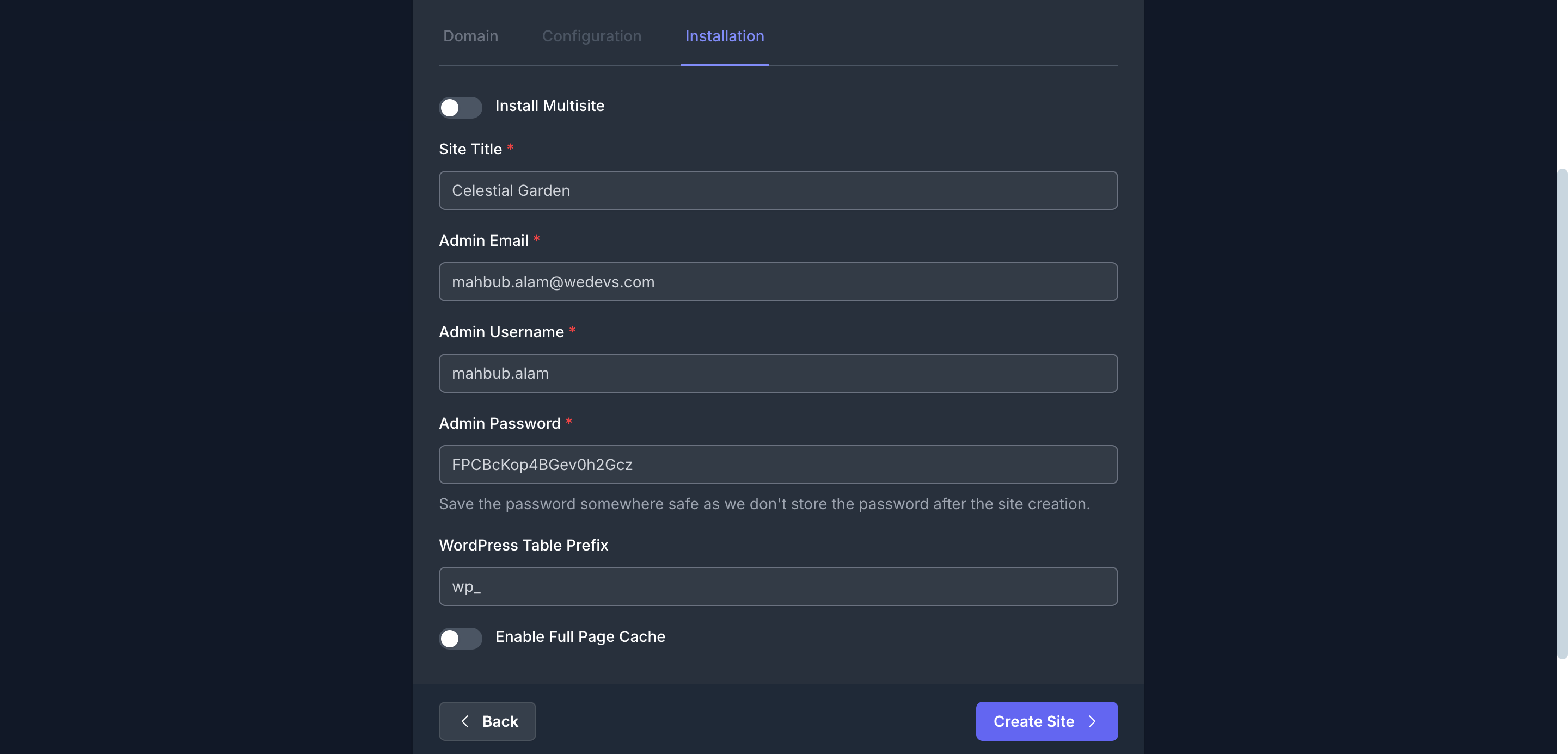 Options to configure to complete the installation phase