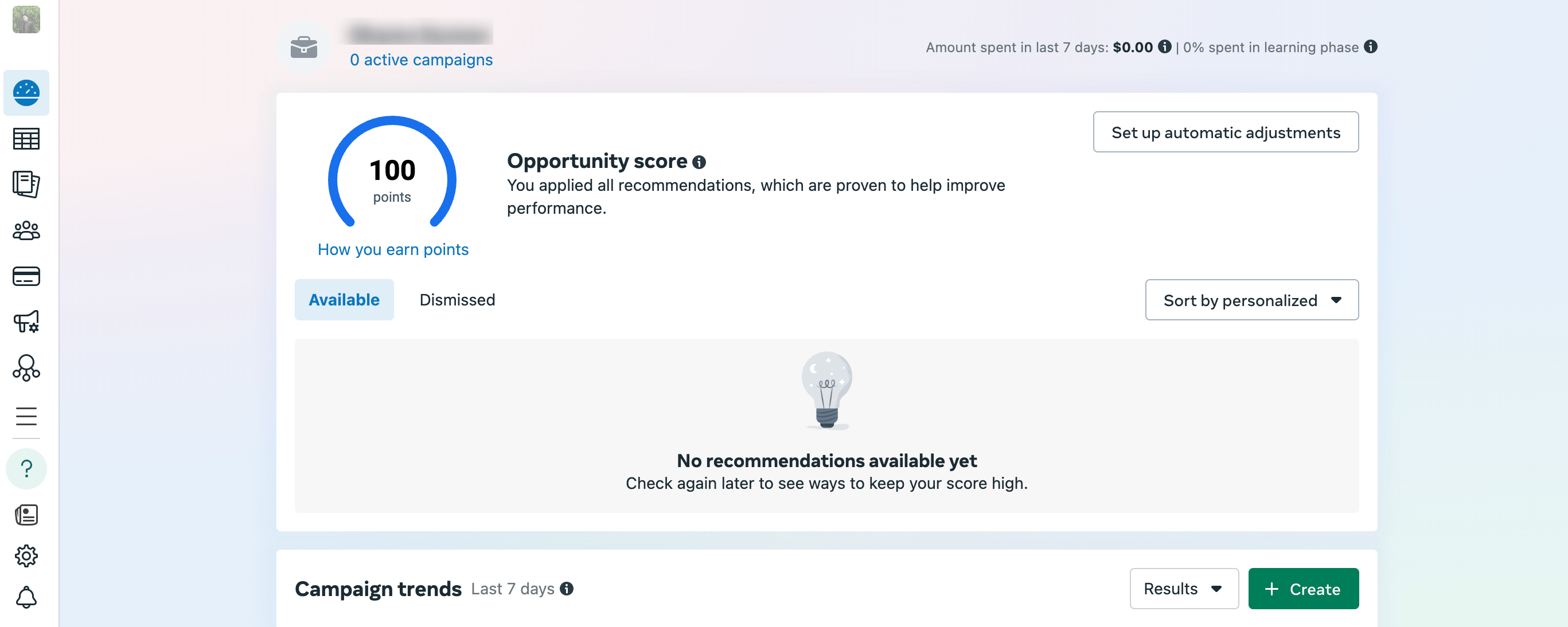 Facebook ads manager homepage