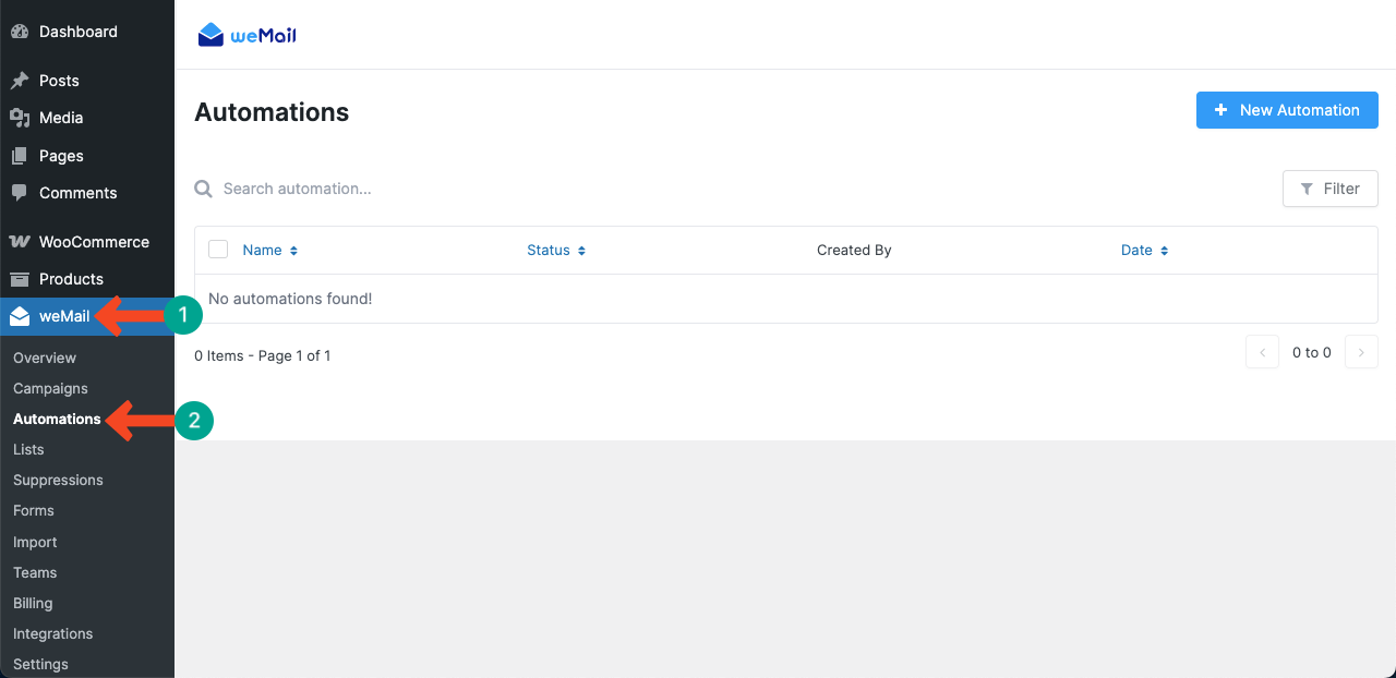Go to the weMail's Automation Option