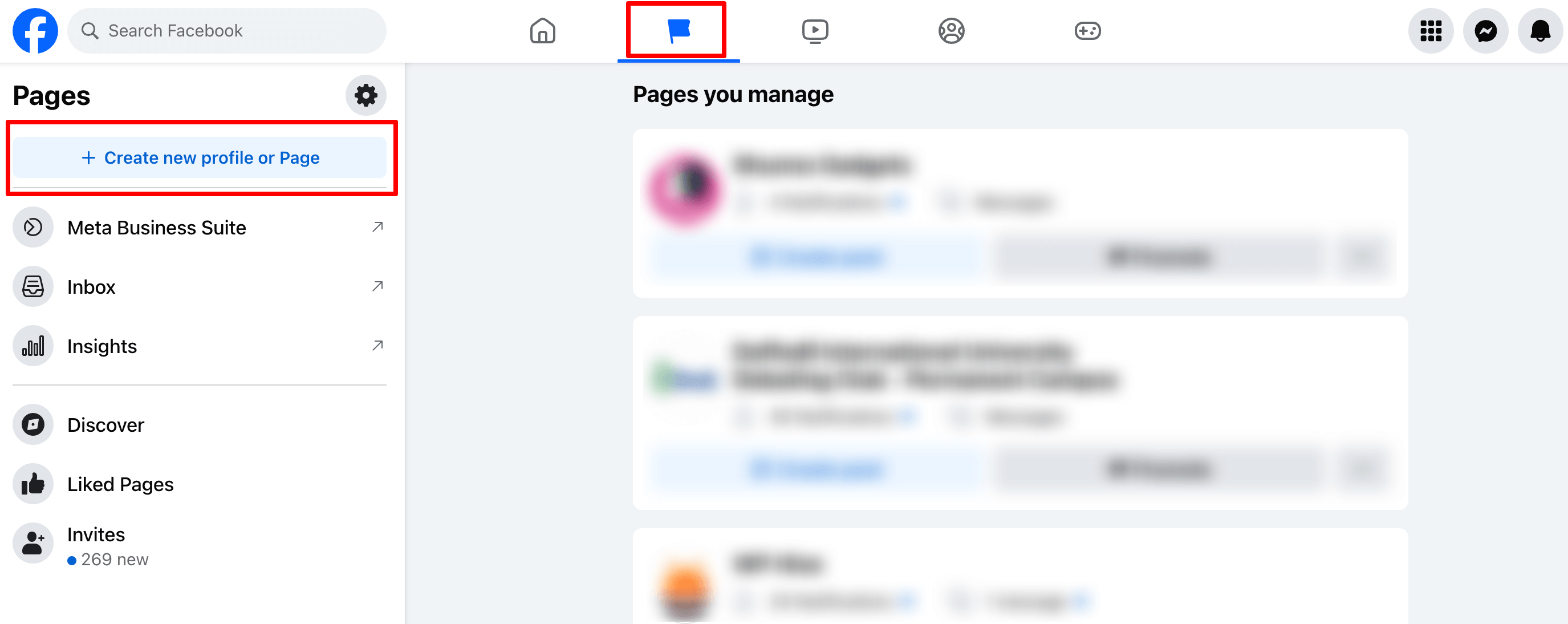 Showing 'Create new profile or page' section of a Facebook account