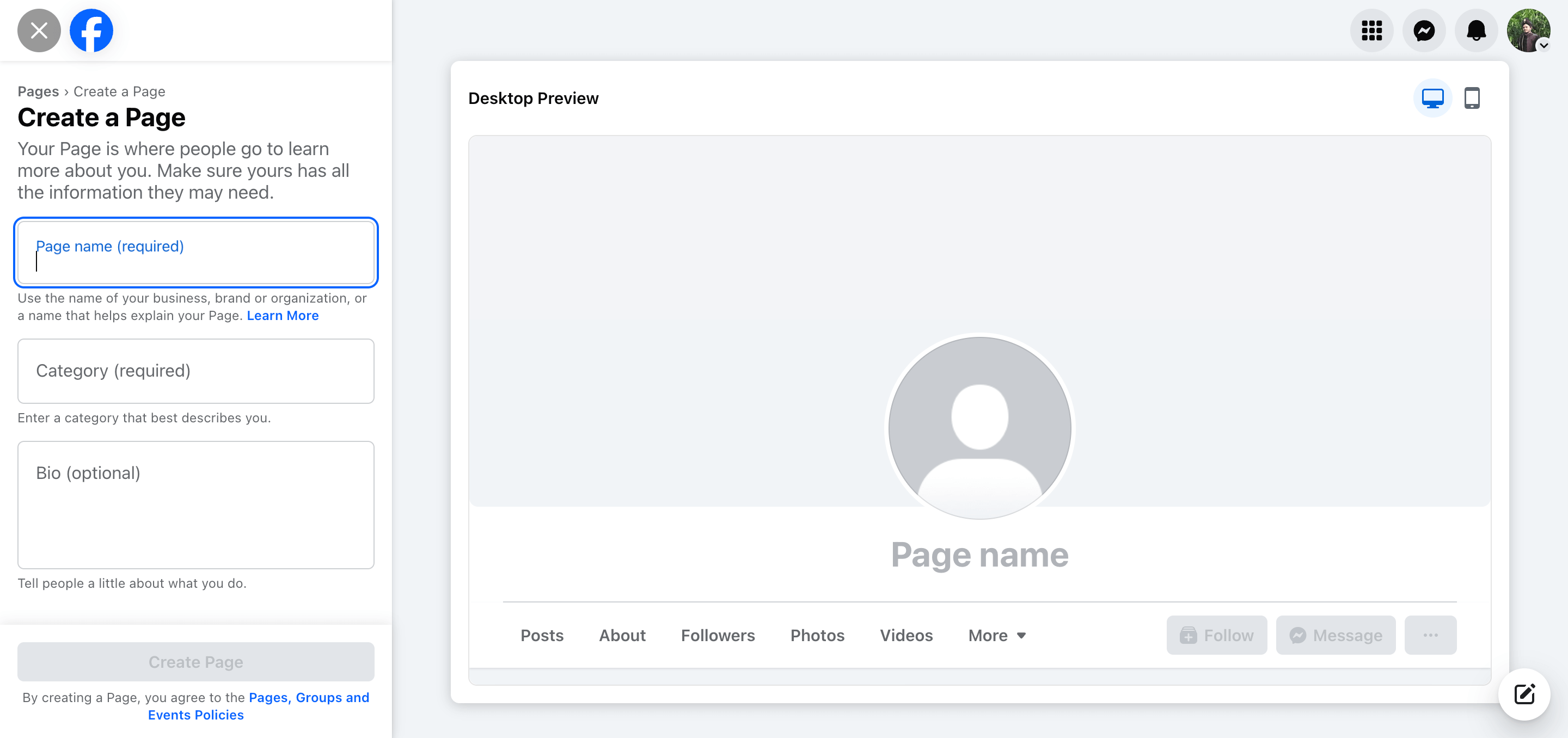 FB page creating step