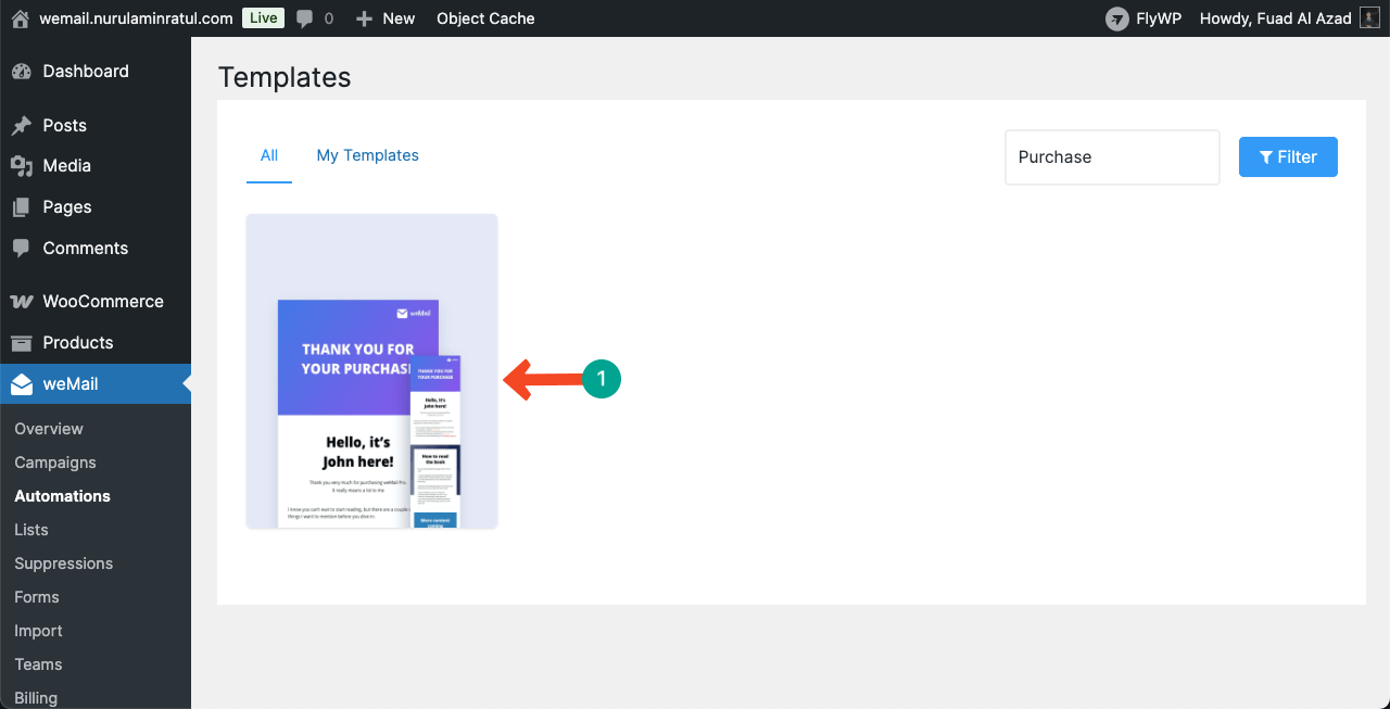 Select a template for the email automation