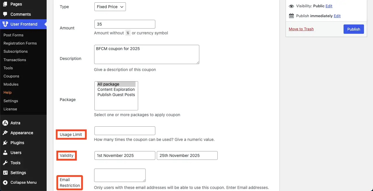Set coupon validity date