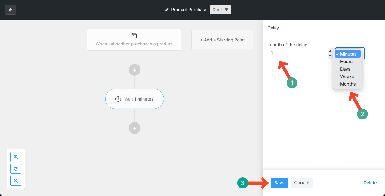Set the delay time for the email automation workflow