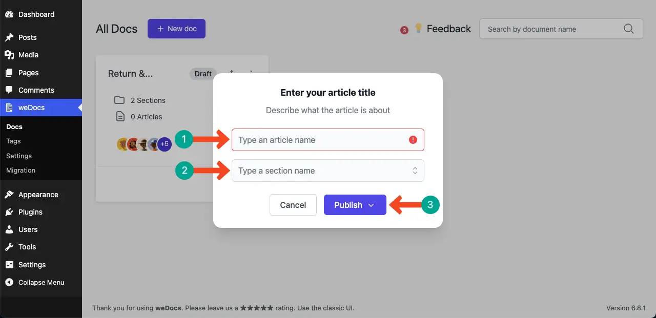 Write the aritcle name and assign it to the section