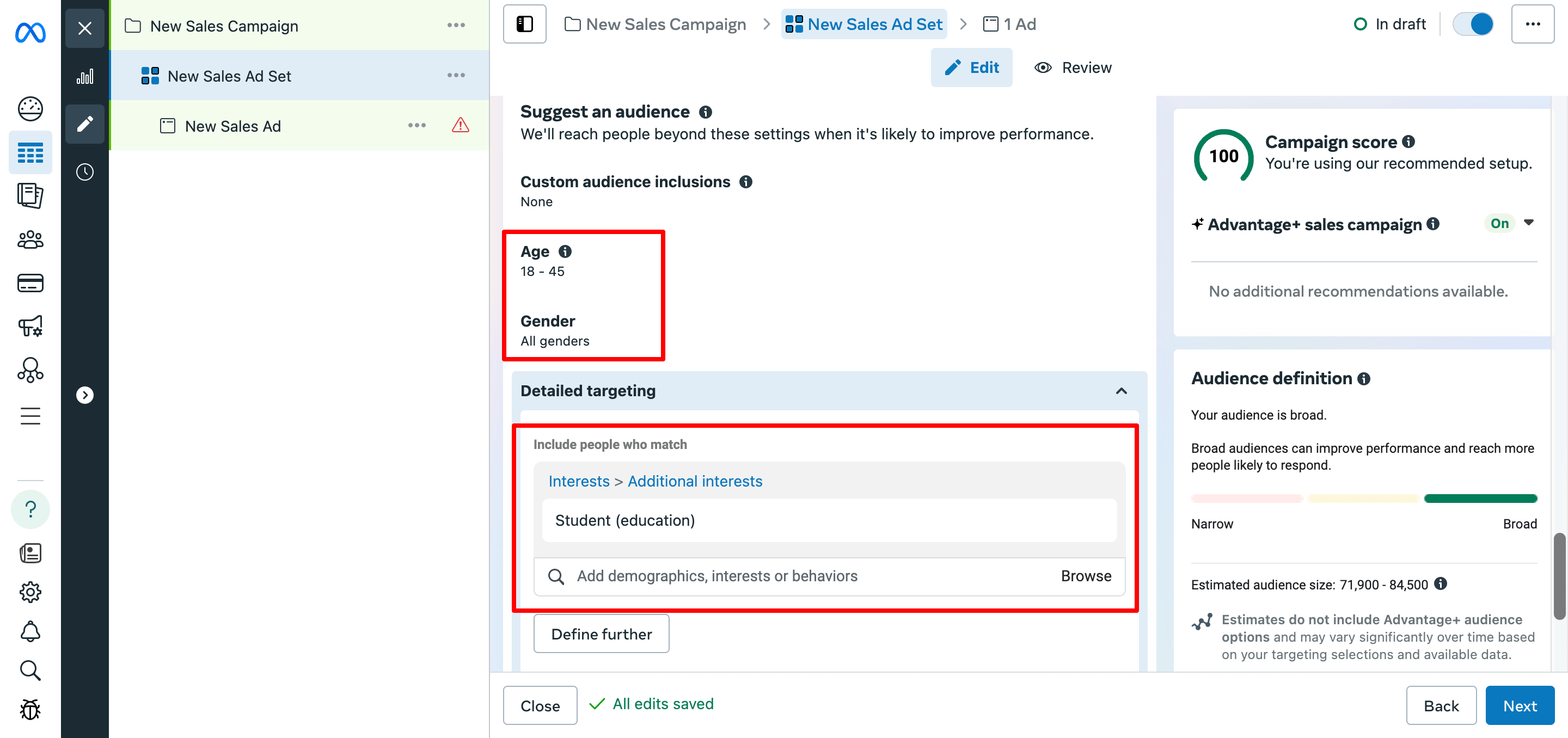 Suggest an audience settings of the FB ads manager