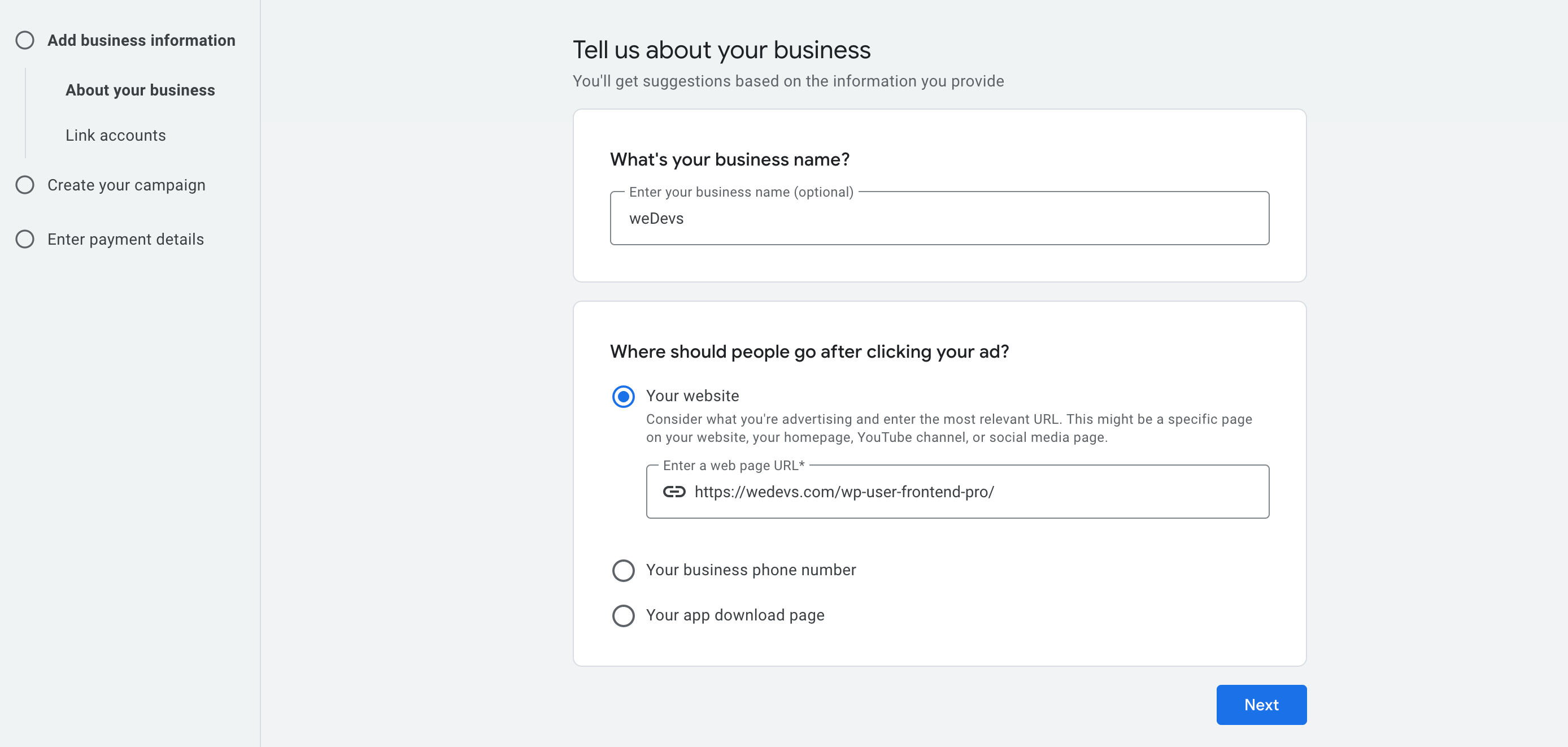 Business information adding options