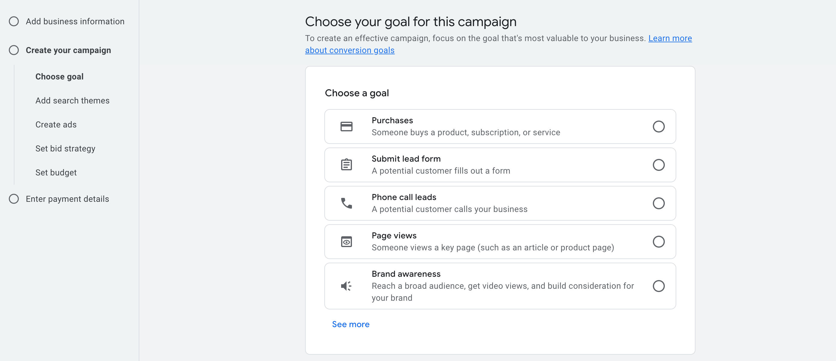 Choose a goal for the campaign from 5 different options
