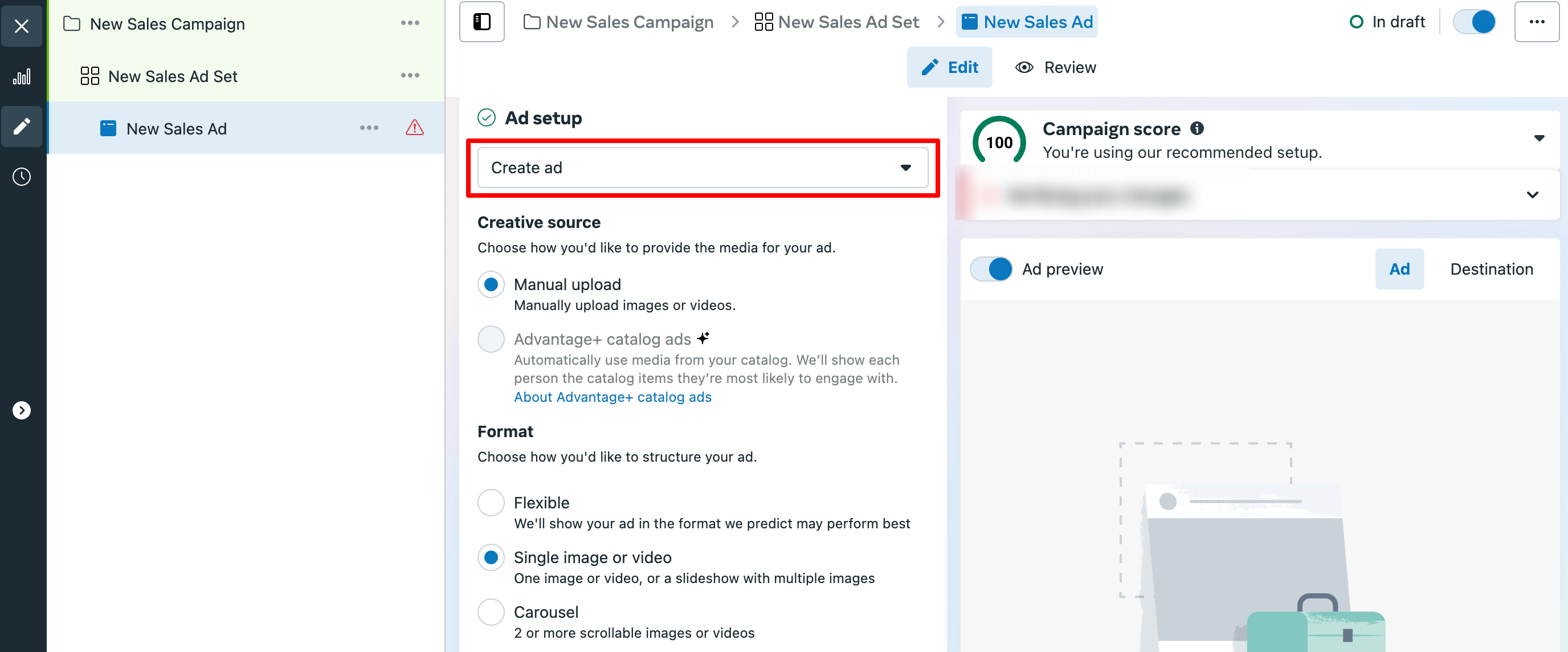 Ad setup, Creative upload, and Format options of FB ads manager 