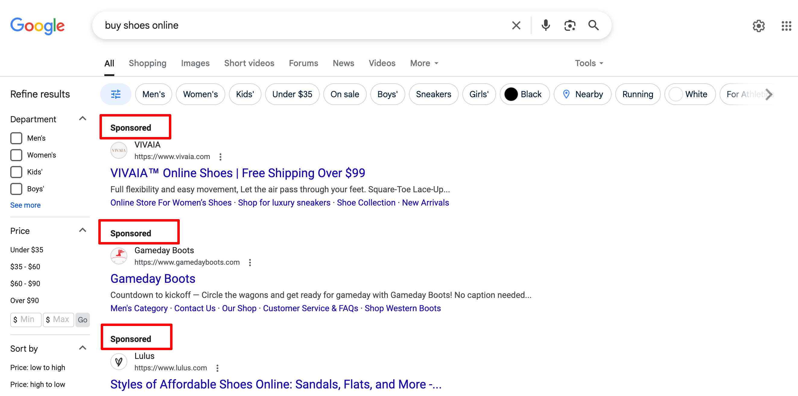 SERP page that's showing three sponsored results in the first 3 positions