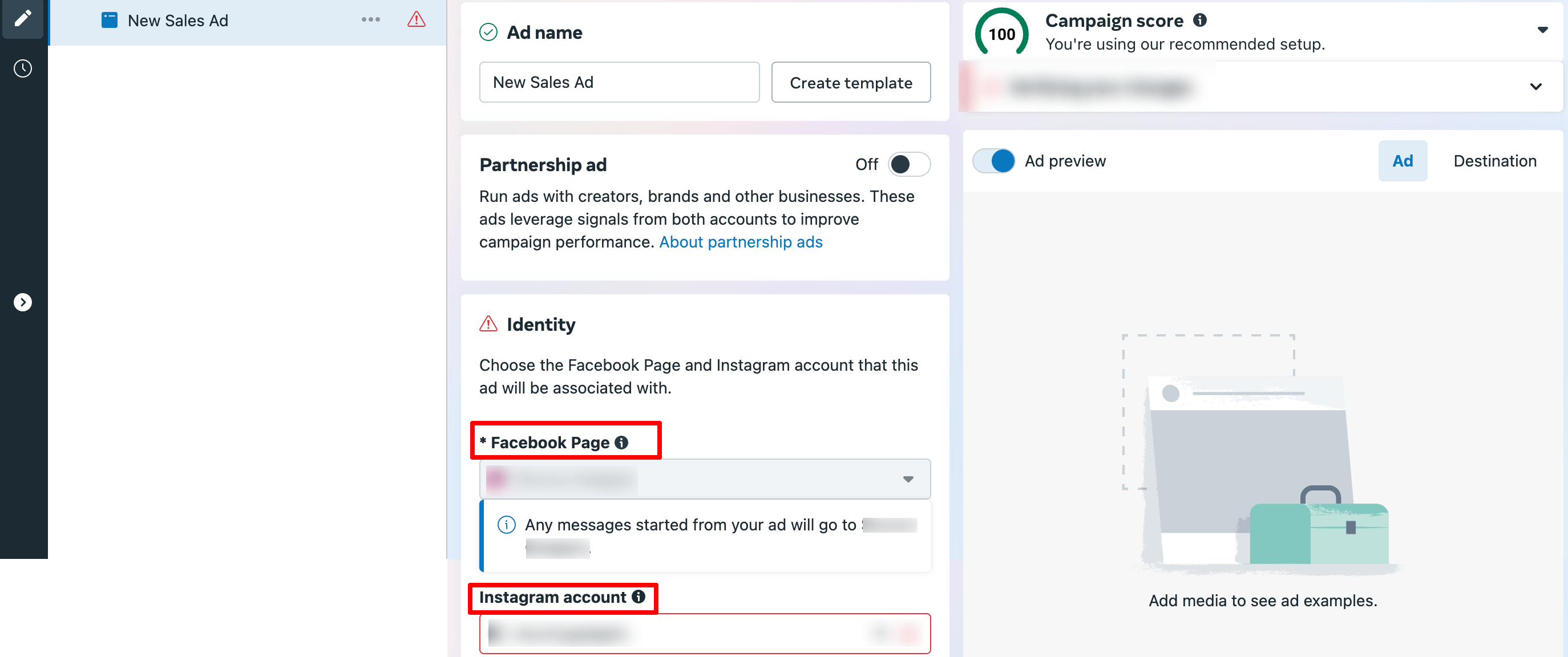 Facebook page selecting option on FB ads manager