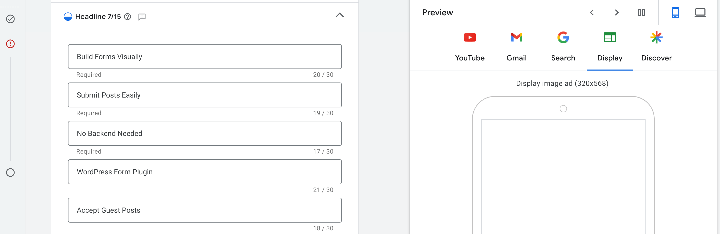 Insert 16 short headlines for the Google ads