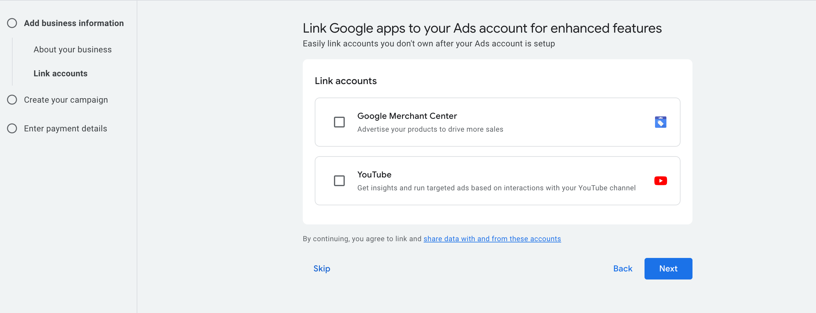Link accounts option on Goole ads manager