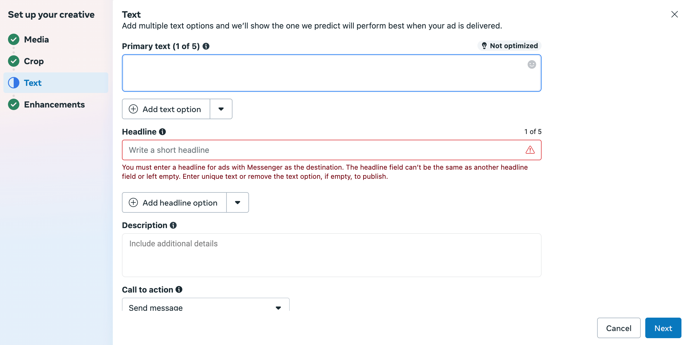 Ad creative setting up options on the Facebook ads manager