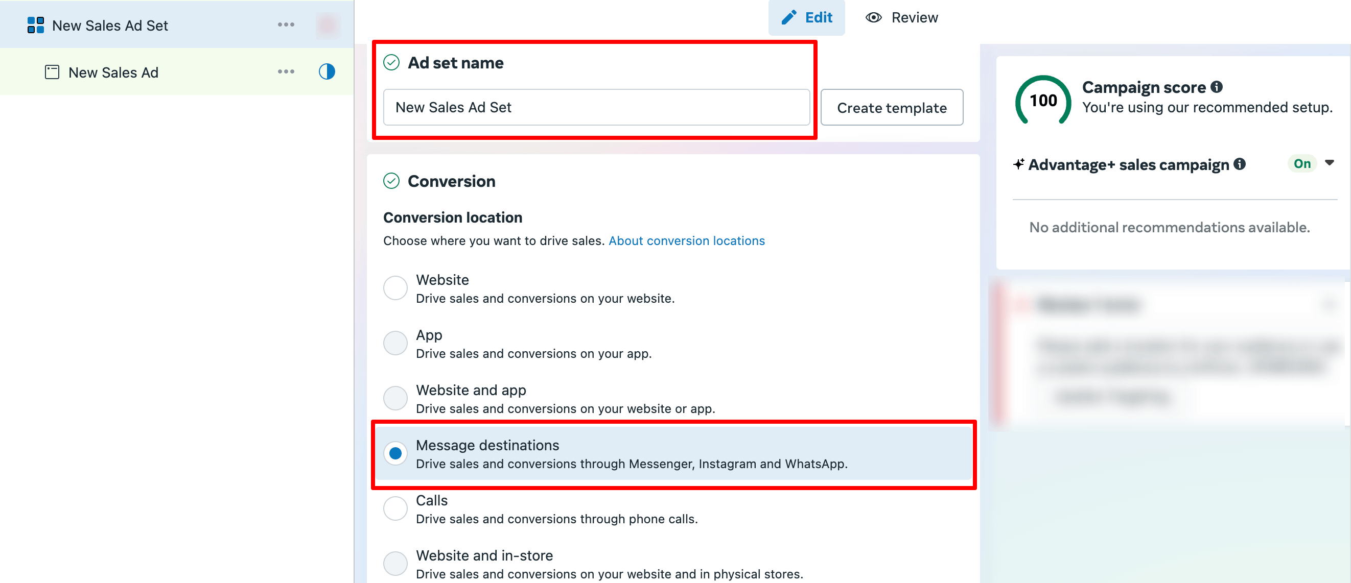 Ad set name and conversion location on Facebook ads manager