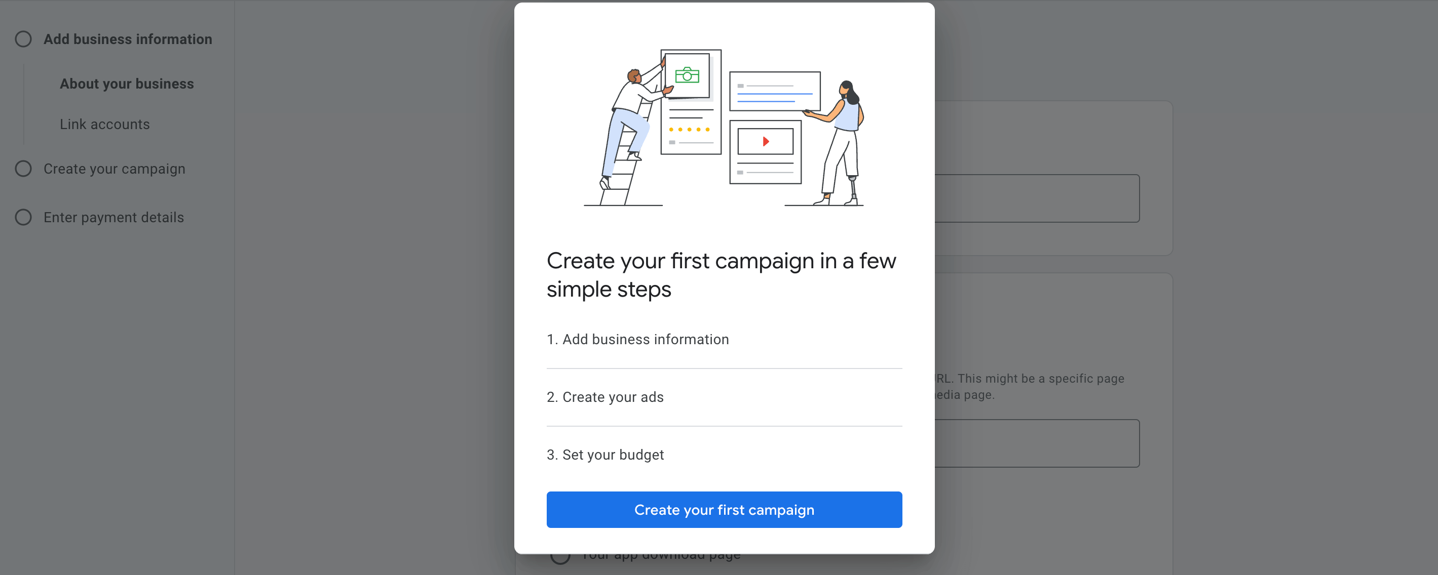 Create your first campaign option on Google ads
