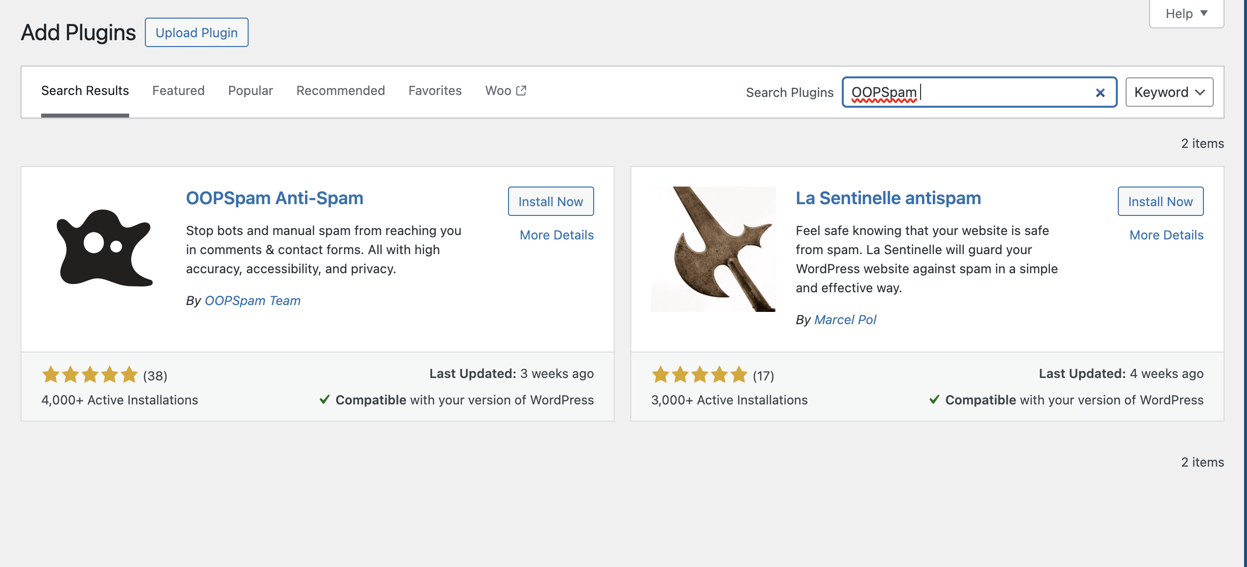 This is a screenshot of oopspam plugin