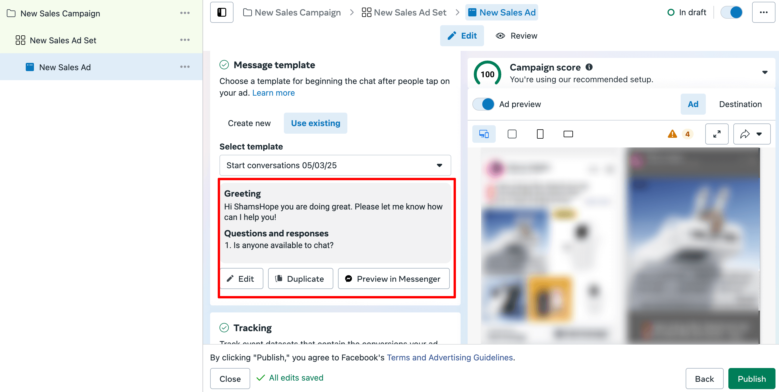 Message template editing option of FB ads manager 