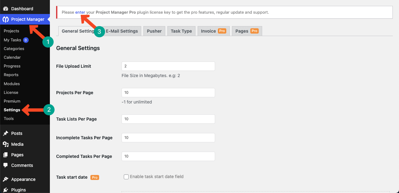Activate WP Project Manager Pro