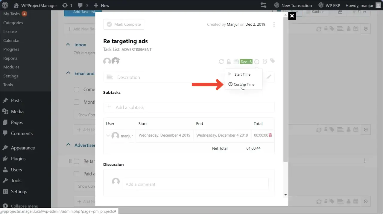Add manual time log to WP Project Manager