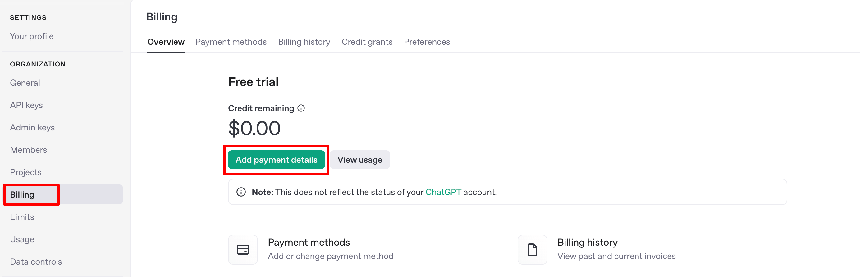 Billing option of the OpenAI interface 