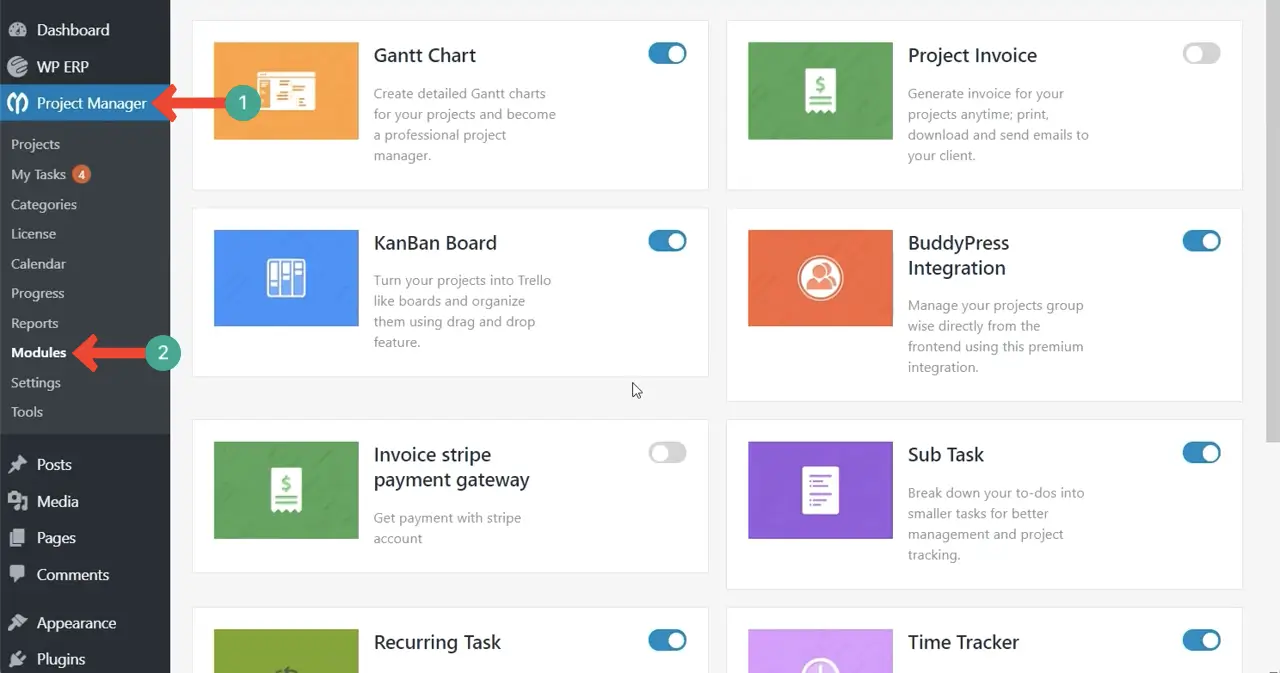 Go to the Modules section of WP Project Manager