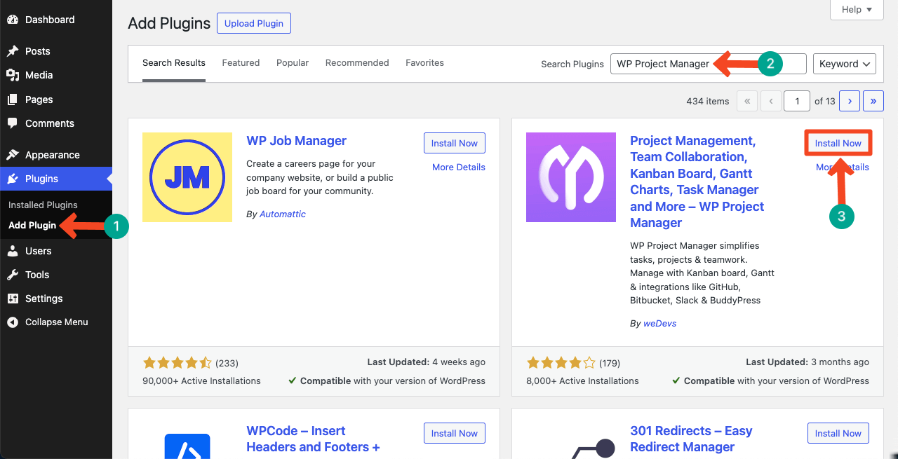 Install WP Project Manager Free