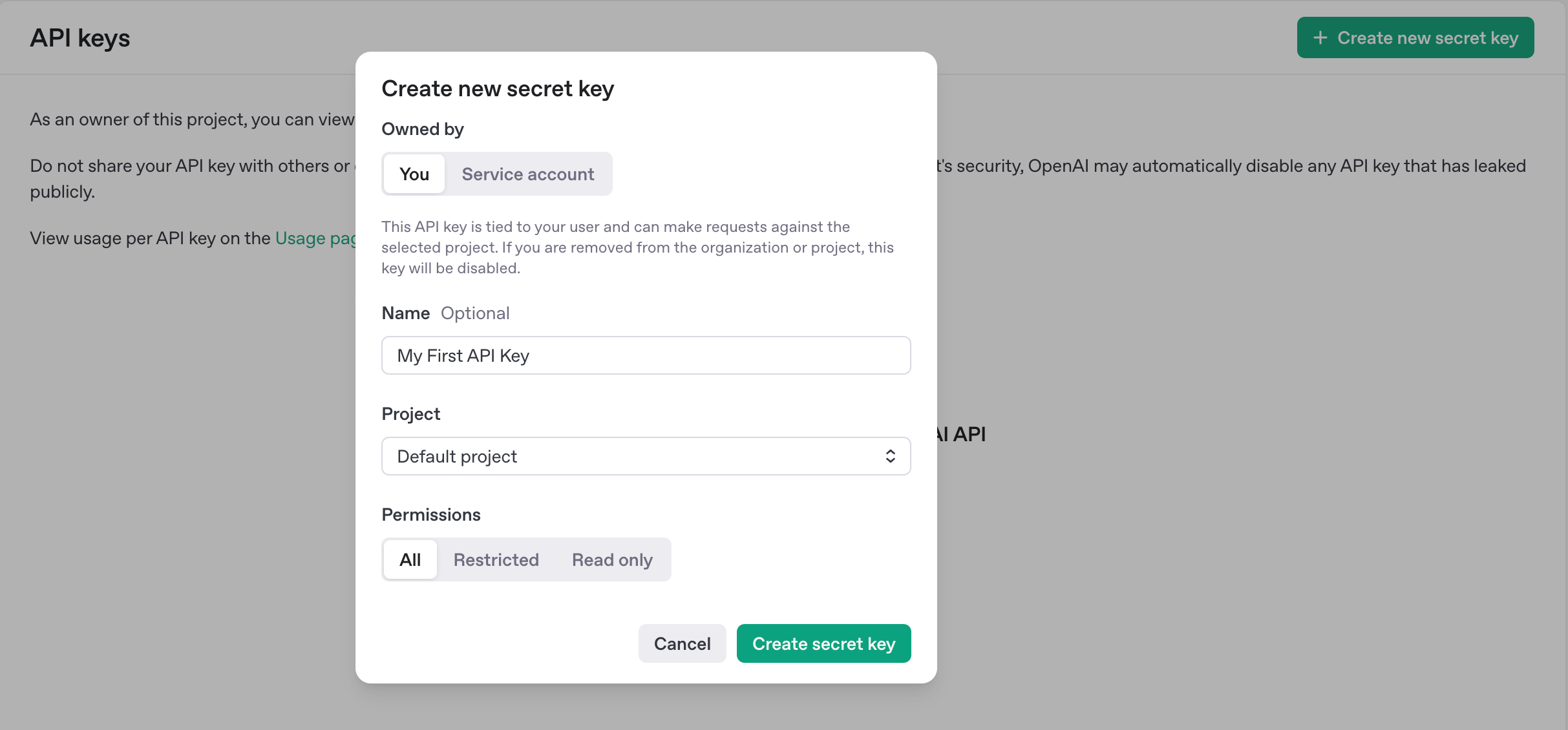 This screenshot shows how to insert a name for your new secret key