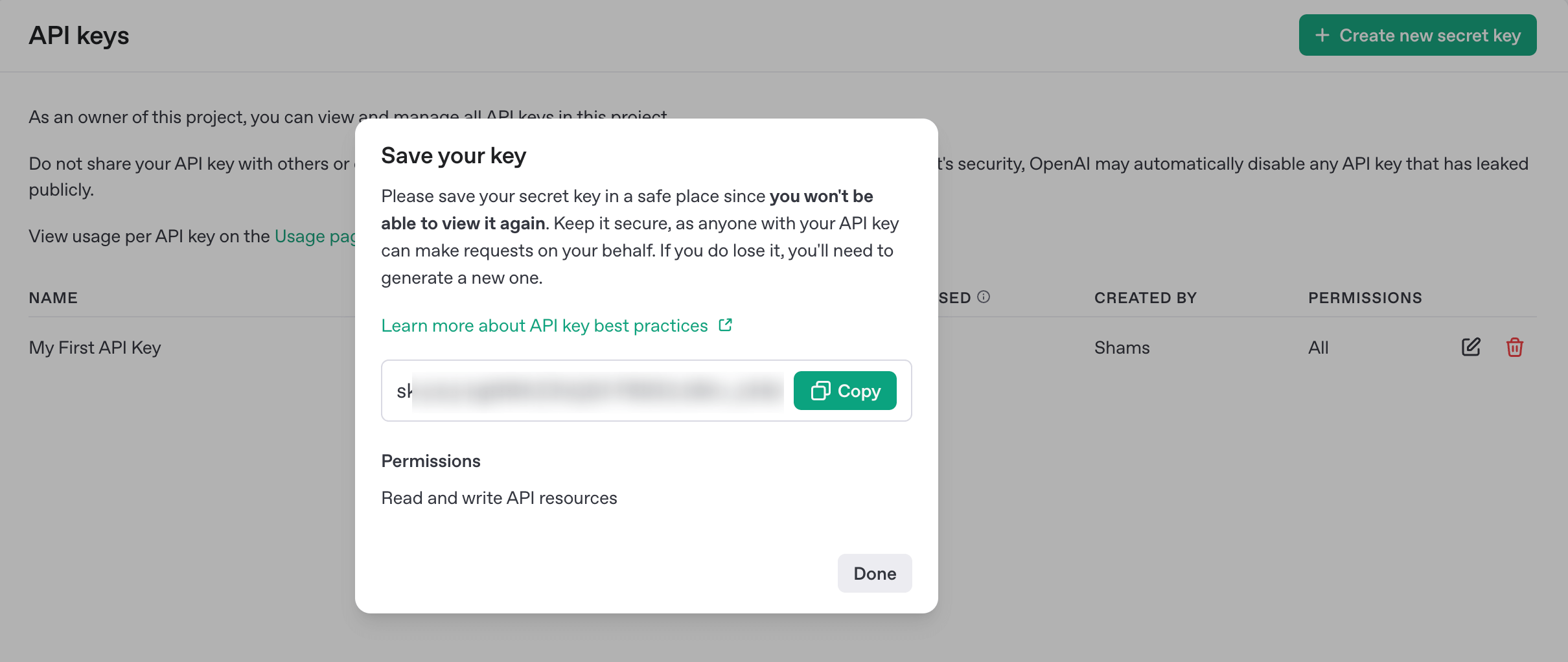 This screenshot shows the newly created secret API key 