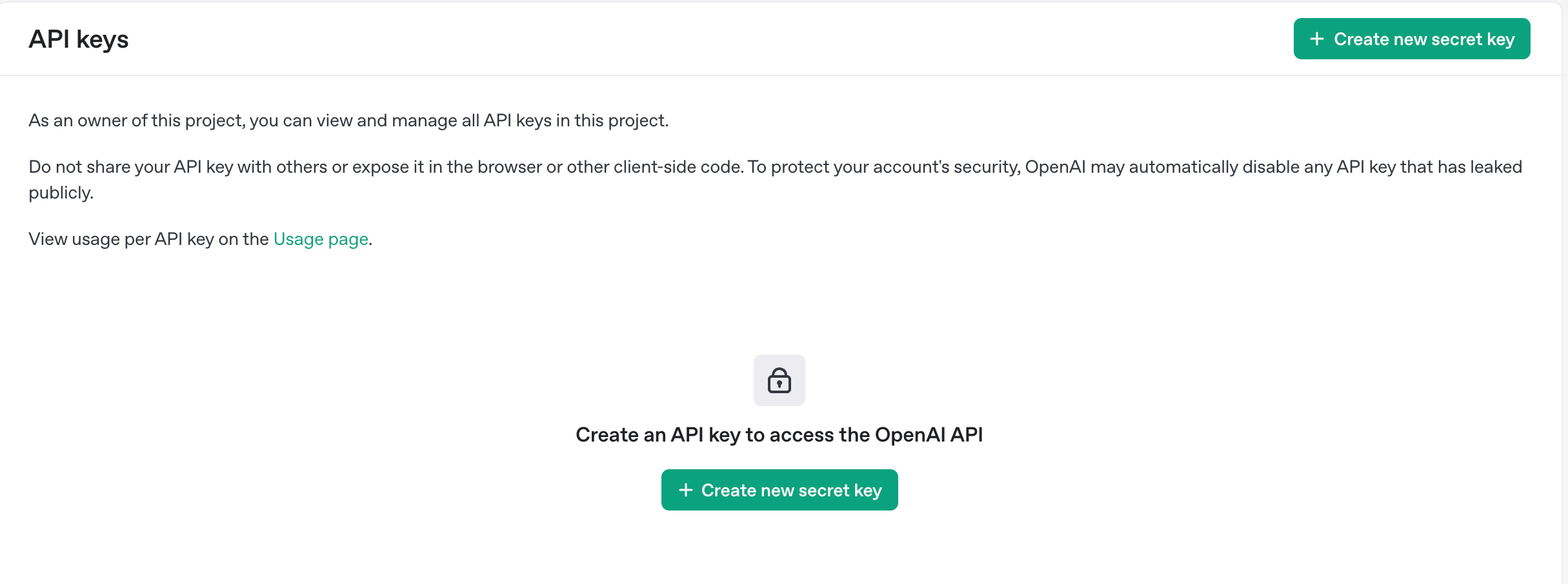 OpenAI new secret key creating option