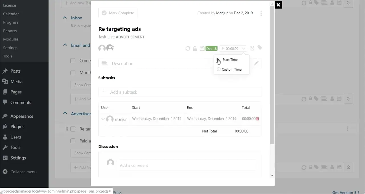Start Tracking Time on a Task