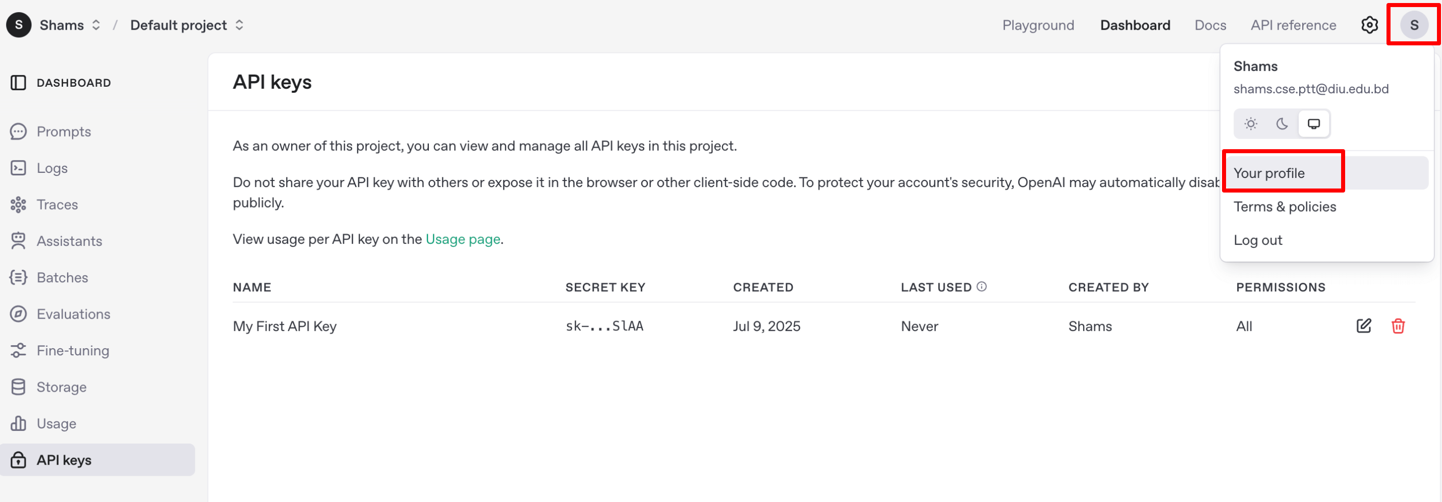 Your profile option on OpenAI interface 