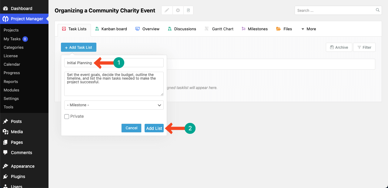 Name a task list in project manager