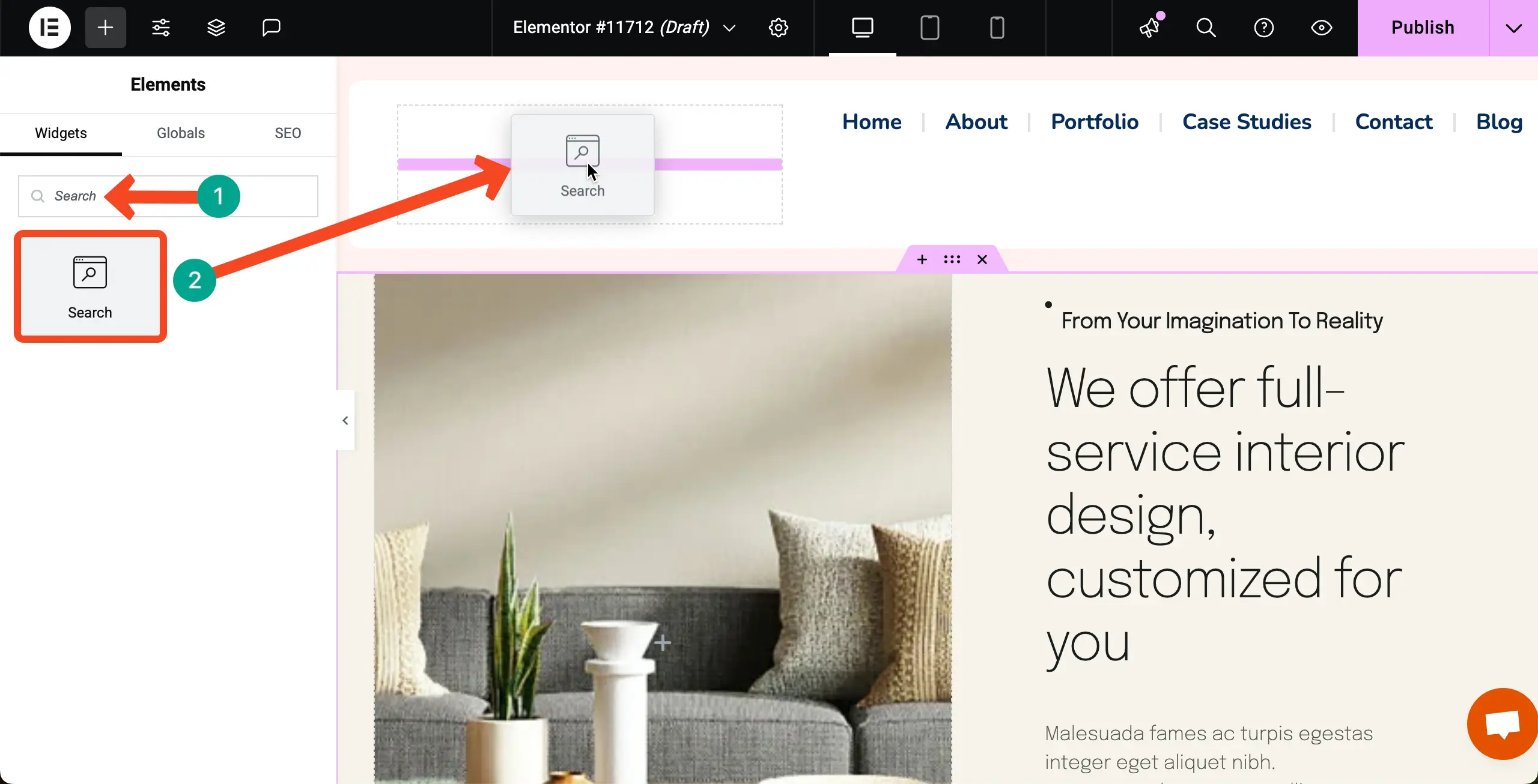 Place the Search widget on Elementor canvas