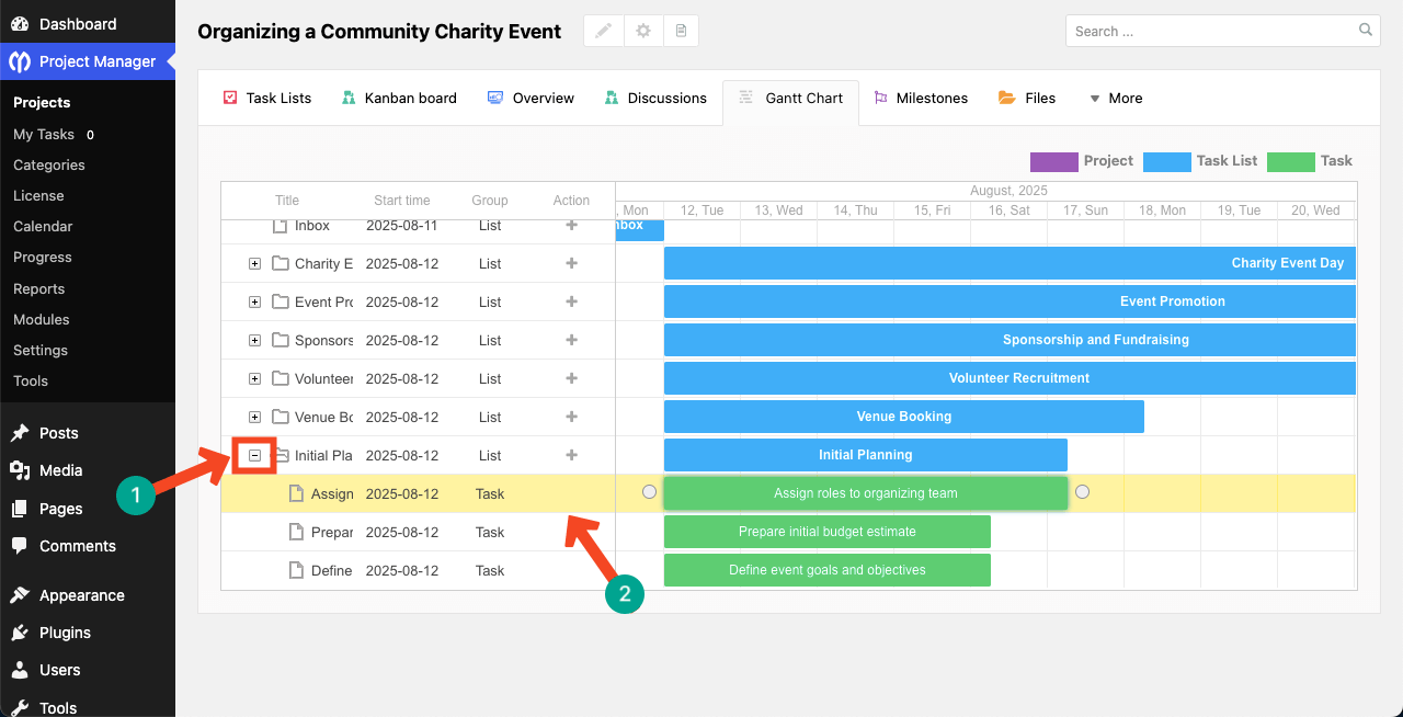 Select tasks to adjust their timeline on the Gantt Chart