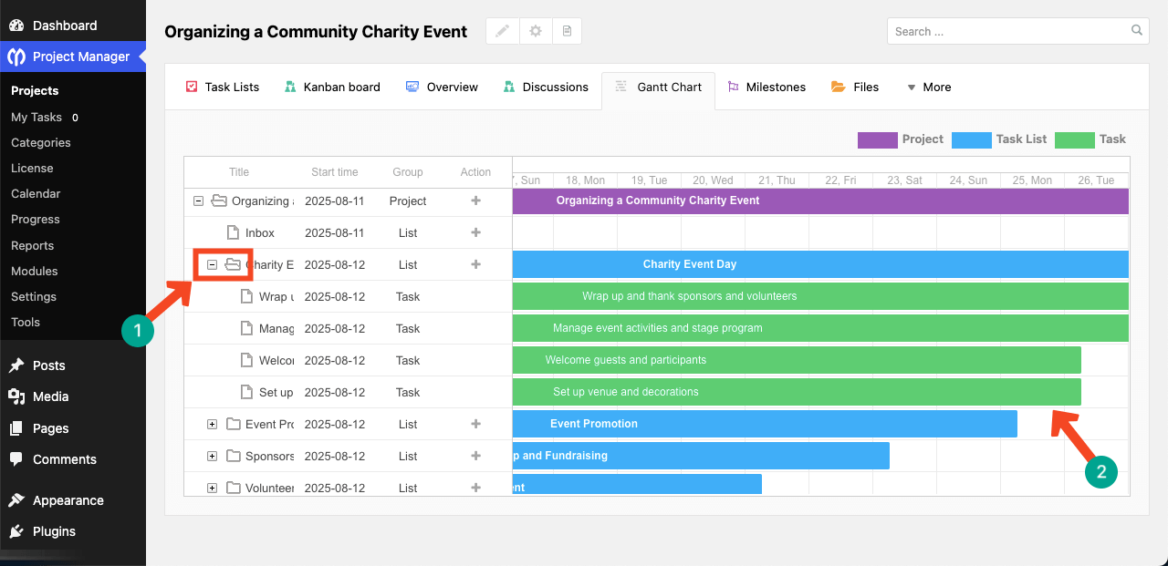 Sub tasks in the Gantt Chart
