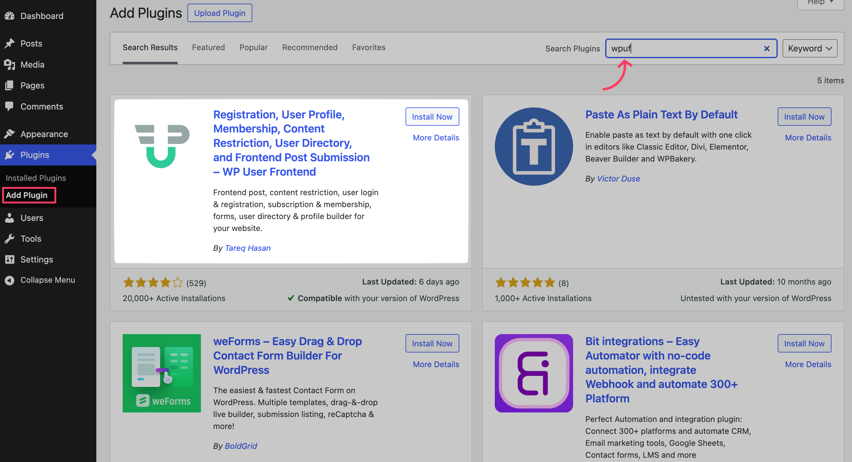 Install and activate the WPUF plugin