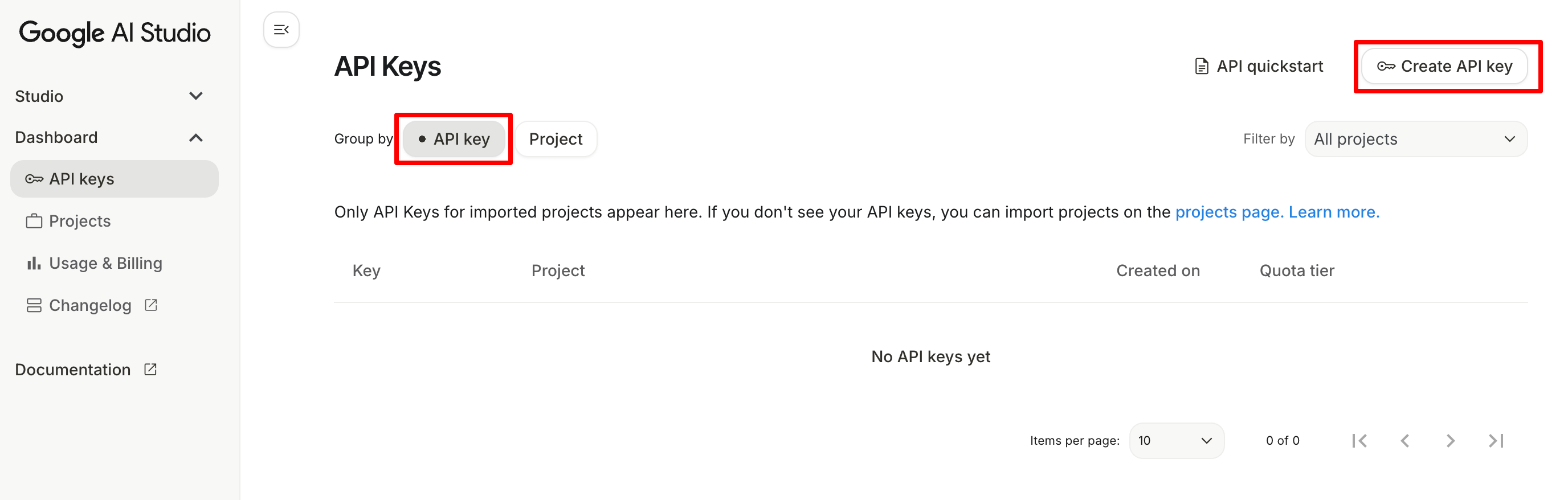 Create API Key option