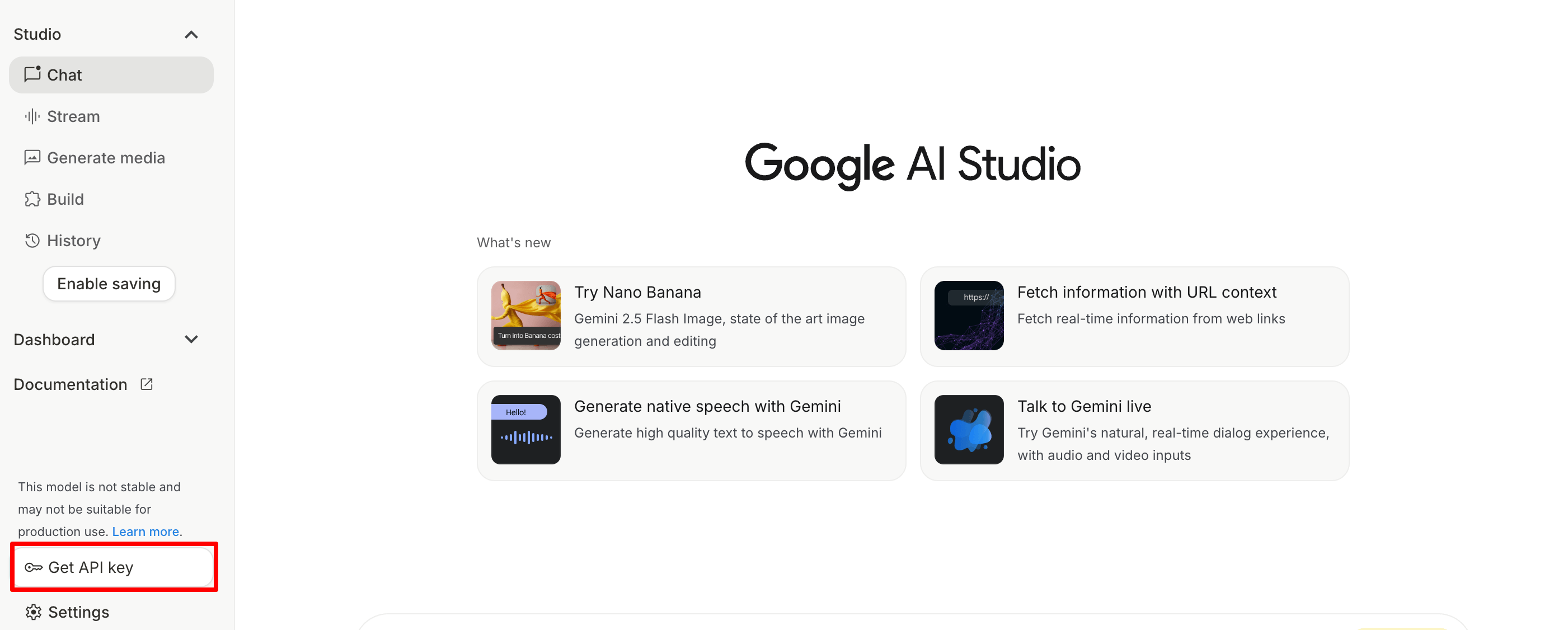 Google AI Studio where Get API Key option is shown