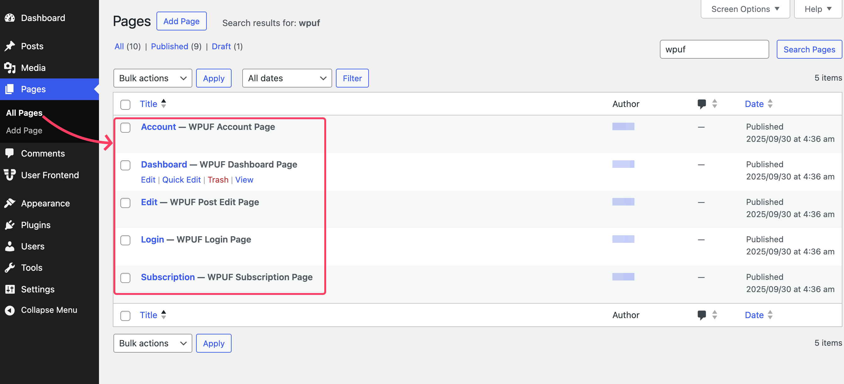 Required pages created by WPUF