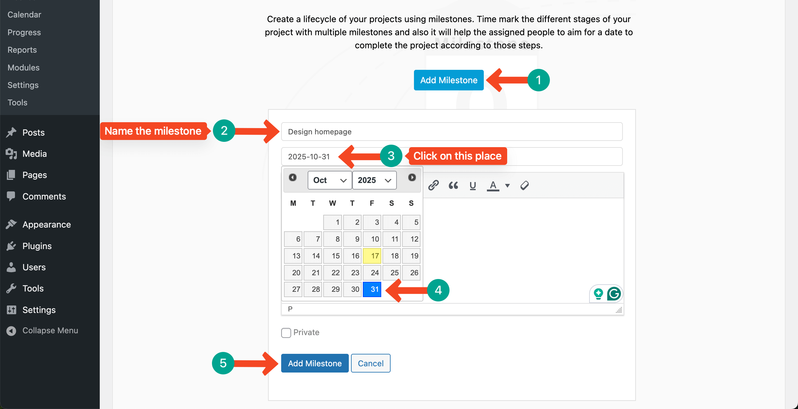 Add a milestone to WP Project Manager